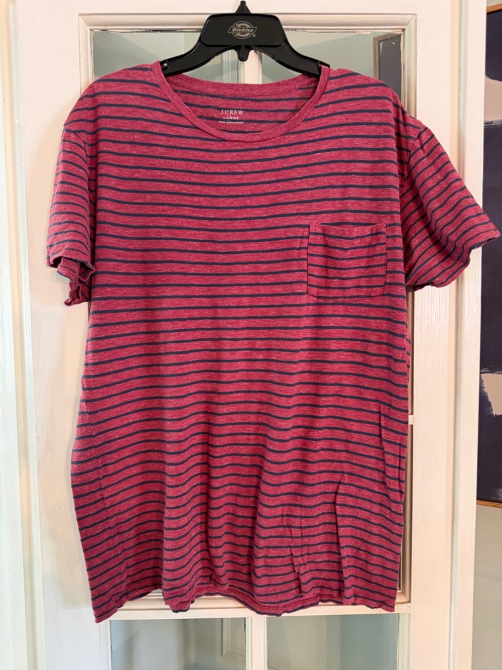 J. Crew Men’s red and Navy Striped Pocket Tee